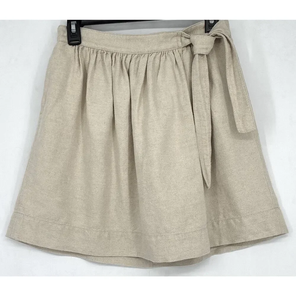 J. Crew Linen Cotton Tie Waist A-Line Skirt Oatmeal Beige 4 Lined Summer Coastal
